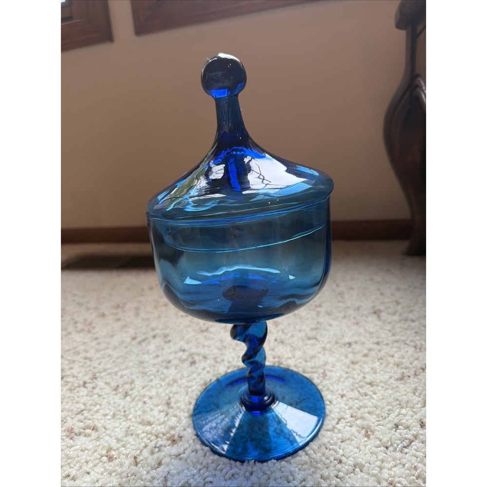 Cobalt Blue Vintage Italian Empoli Glass Pedestal Style Covered Apothecary Jar